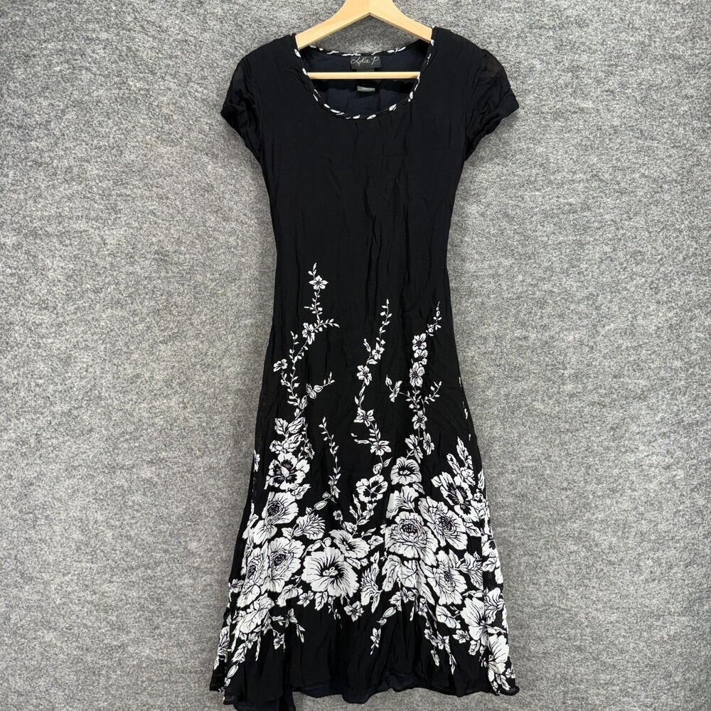 Lola P. Dress Women S Small Black Floral Sheath Midi Short Sleeve Round Neck
